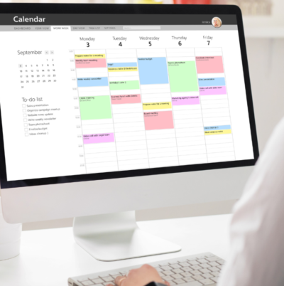 Color coded time blocked calendar image on computer screen
